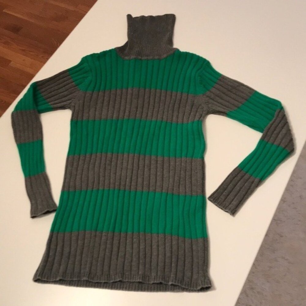 💚 Vintage Gap Women’s Green & Gray Striped Ribbed Turtleneck Sweater | Size L